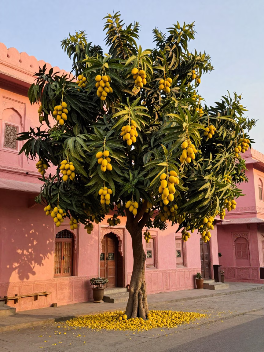 First Light Dawn in Jaipur India Mango Tree Laid with Yellow Fruit Street Scene in in Jaipur, India