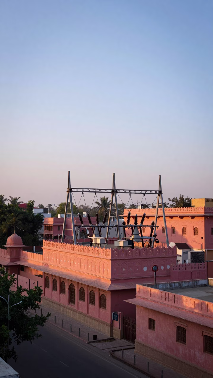 First Light Dawn in Jaipur India Street Scene with Substation Insulators Sparkling Under Floodlights in in Jaipur, India