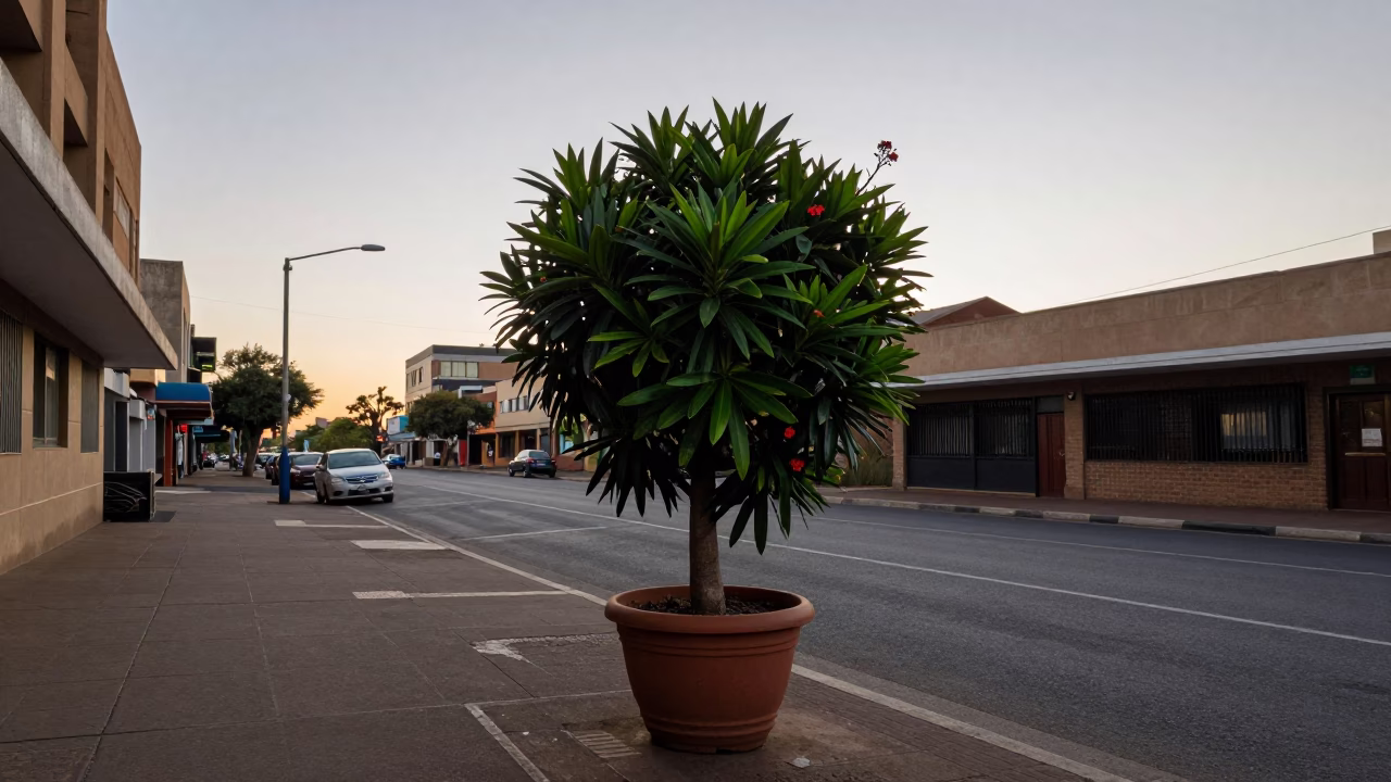 First Light Dawn in Johannesburg South Africa Street Scene with Flowering Plant in in Johannesburg, South Africa