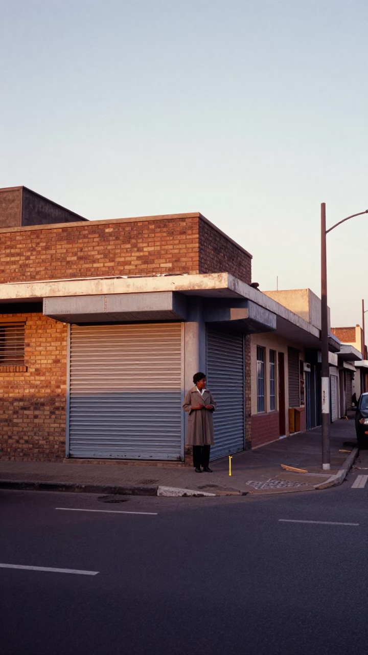 First light dawn in Johannesburg street corner with measuring tape and wicker basket in in Johannesburg, South Africa