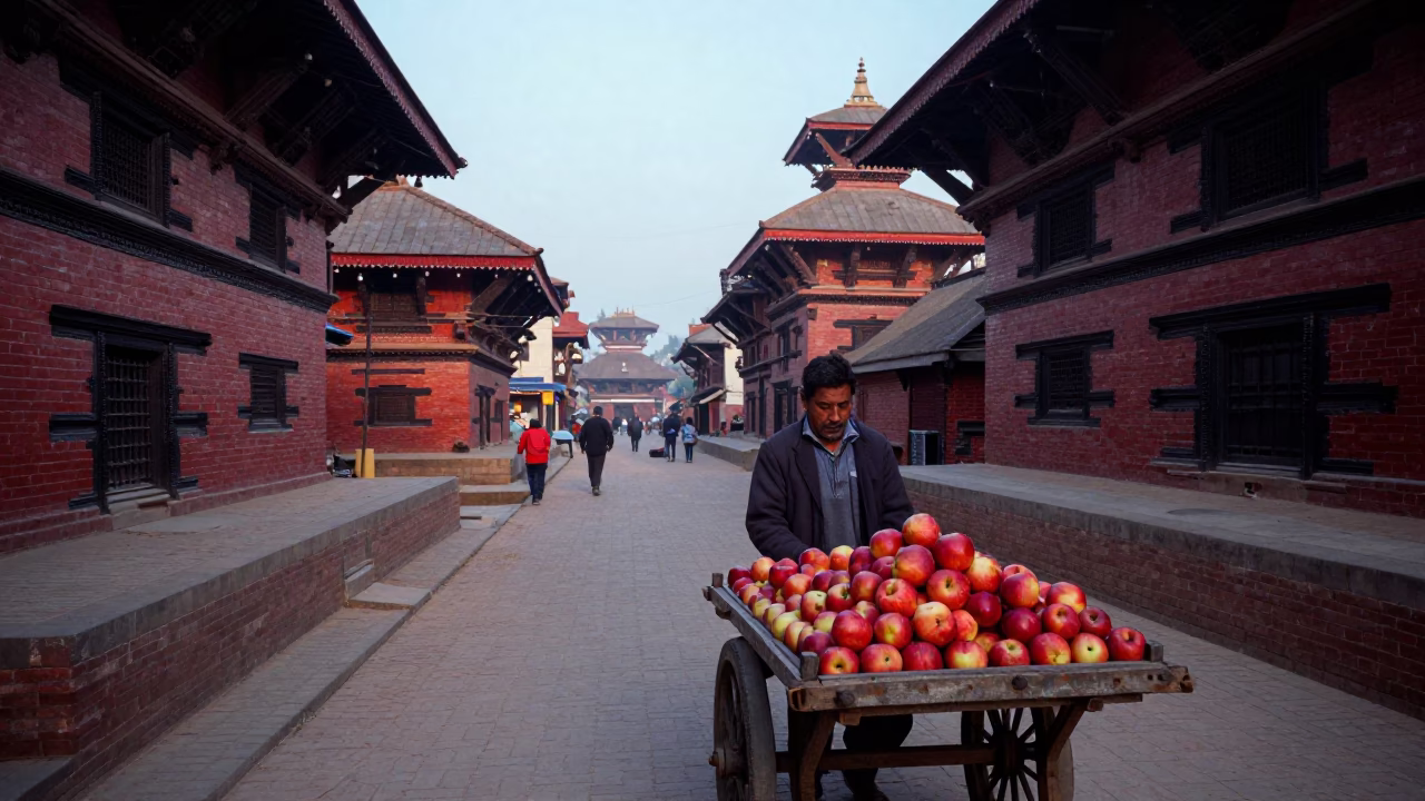First Light Dawn in Kathmandu Nepal Street Scene with Apple Vendor and Step Stool in in Kathmandu, Nepal