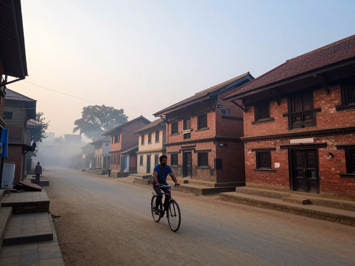 First Light Dawn in Kathmandu Nepal Street Scene with Cyclist in in Kathmandu, Nepal
