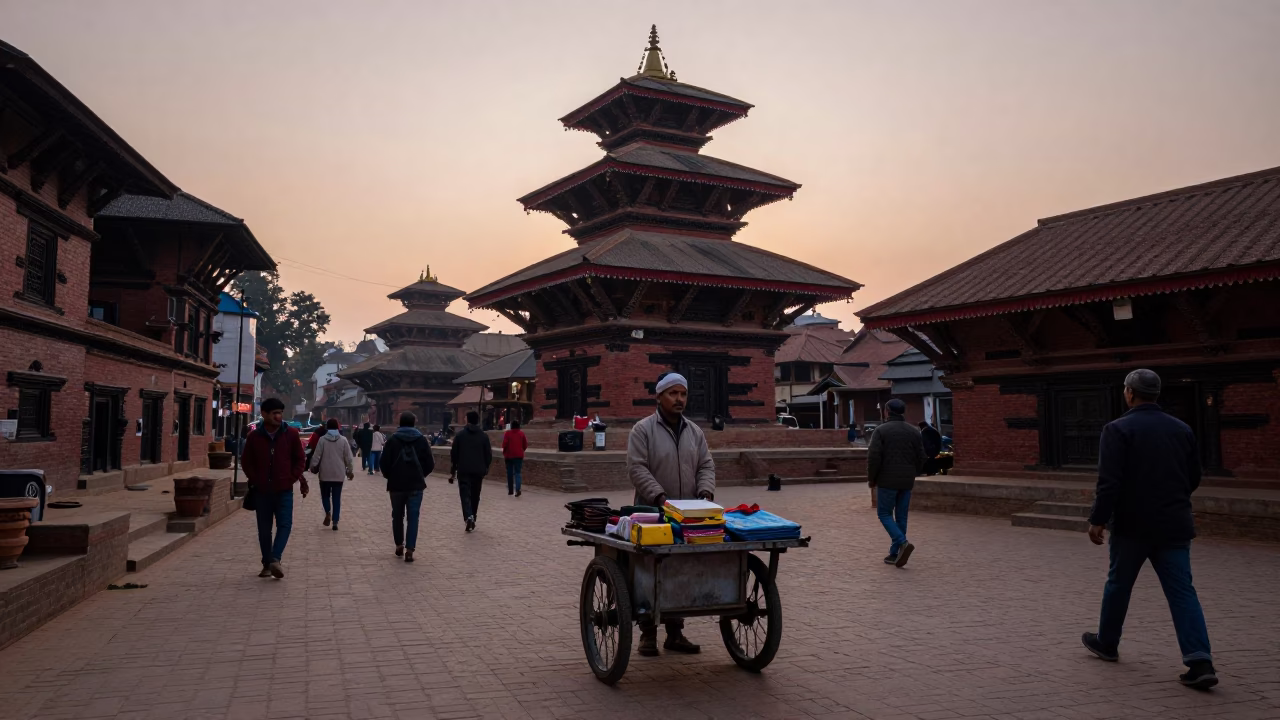 First Light Dawn in Kathmandu Nepal Street Scene with Local Vendor and Morning Activity in in Kathmandu, Nepal