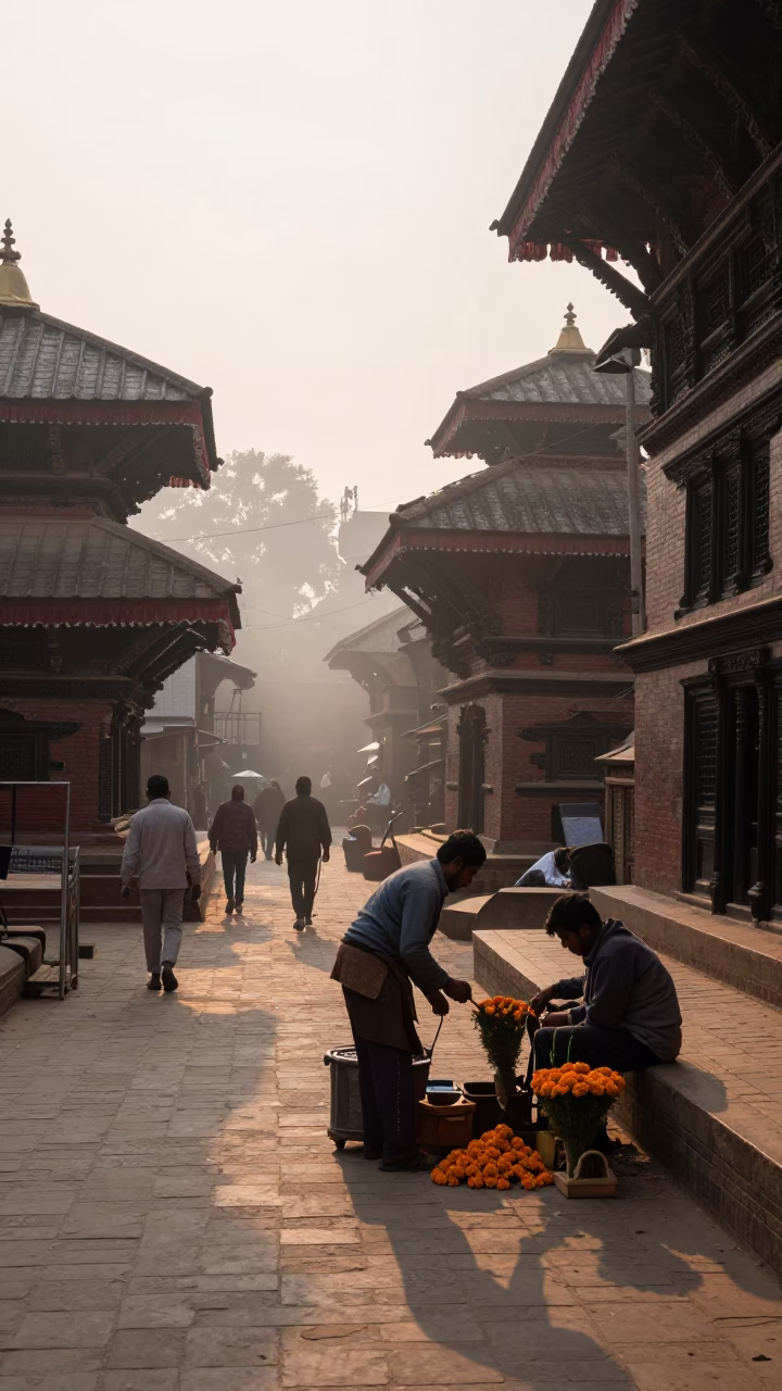First Light Dawn in Kathmandu Nepal Street Scene with Vintage Details in in Kathmandu, Nepal