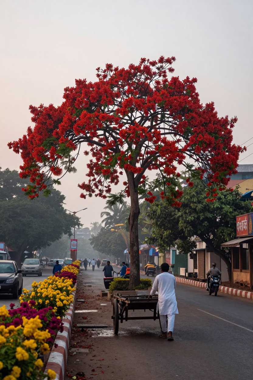 First Light Dawn in Kolkata India with Flame Tree in Brilliant Red Bloom in in Kolkata, India