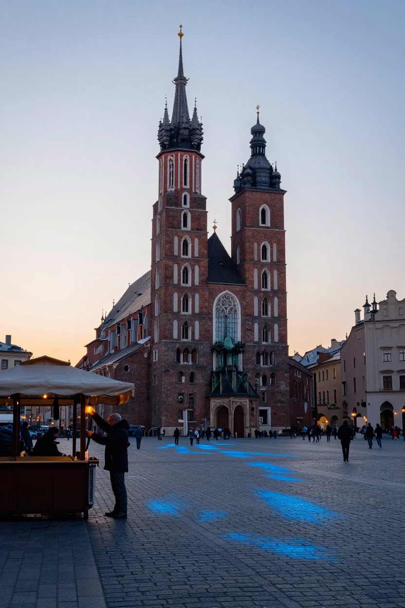 First Light Dawn in Krakow Poland with Old Town Square Cobblestones and Morning Commuters in in Krakow, Poland