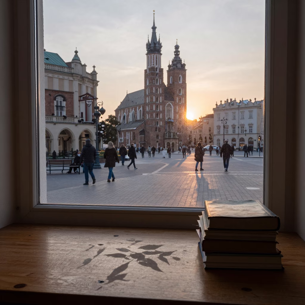 First Light Dawn in Krakow Poland with Scratched Window Glass and Leaf Shadows in in Krakow, Poland