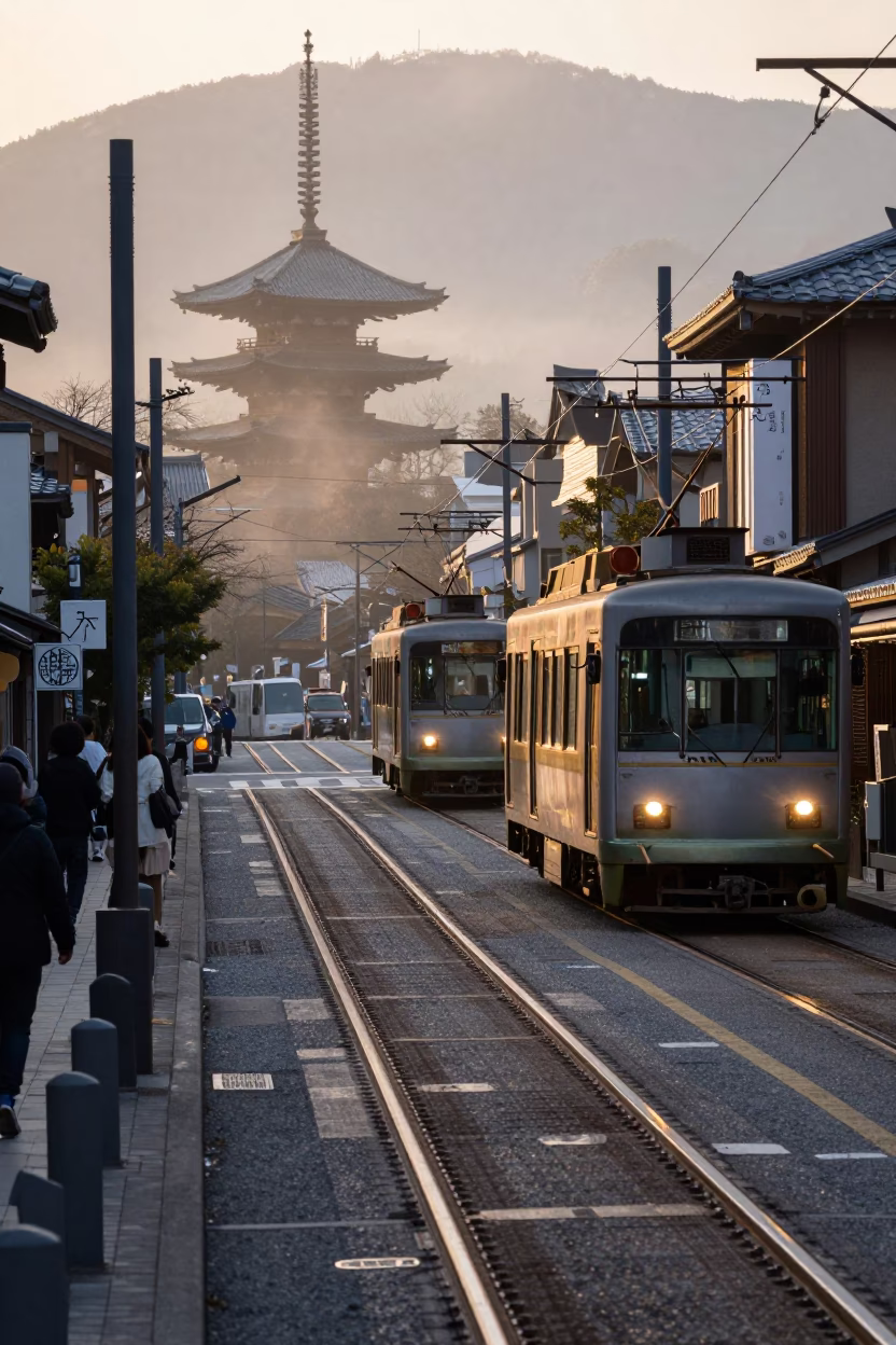 First Light Dawn in Kyoto Japan Street Scene with Tram and Traditional Architecture in in Kyoto, Japan