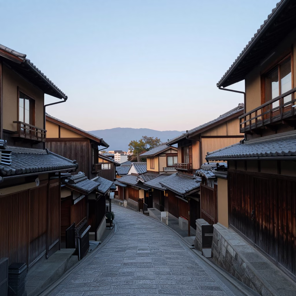 First Light Dawn in Kyoto Japan Traditional Wooden Architecture and Street Scene in in Kyoto, Japan