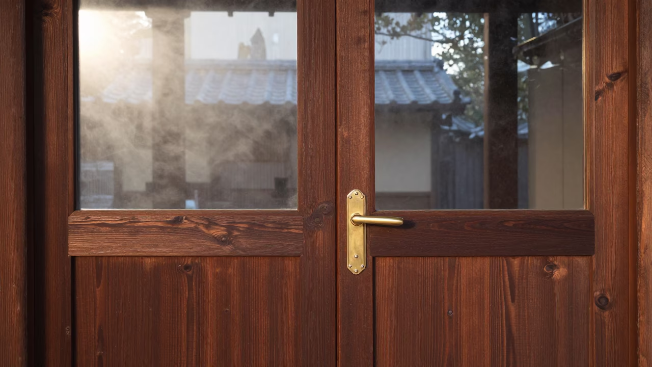 First Light Dawn in Kyoto Japan Traditional Wooden Door with Polished Brass Handle in in Kyoto, Japan