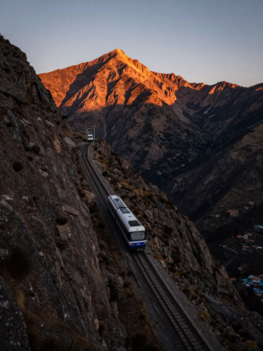 First Light Dawn in La Paz Bolivia Showing Mountain Cog Railway Ascending Steep Incline in in La Paz, Bolivia
