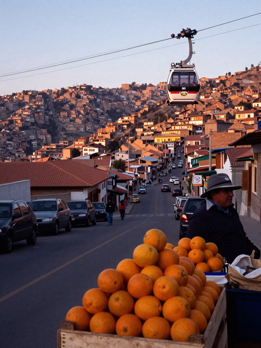 First Light Dawn in La Paz Bolivia Street Scene with Oranges and Cable Car in in La Paz, Bolivia