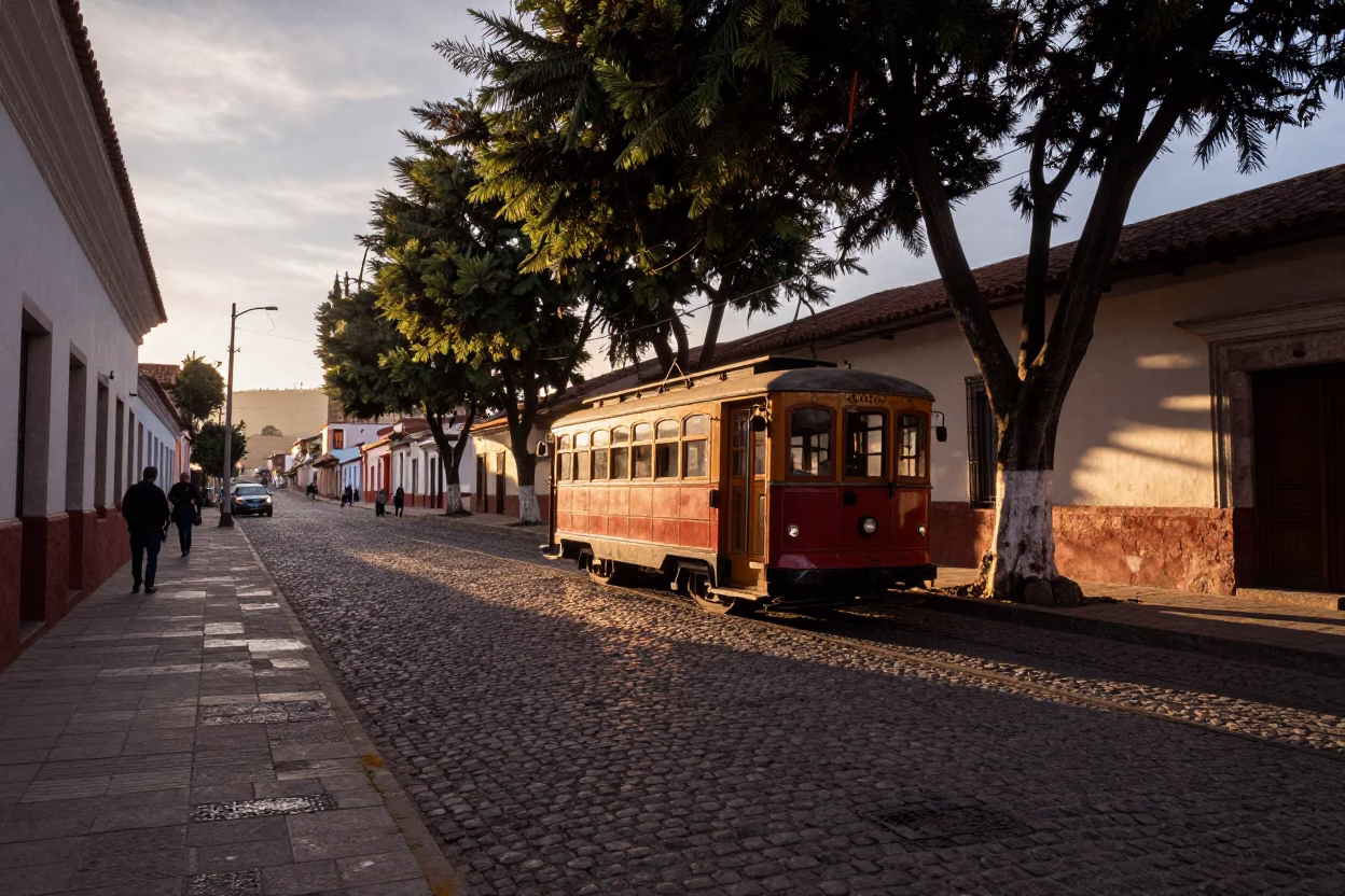 First Light Dawn in La Paz Bolivia Vintage 1960s Street Scene with Old Trolley in in La Paz, Bolivia