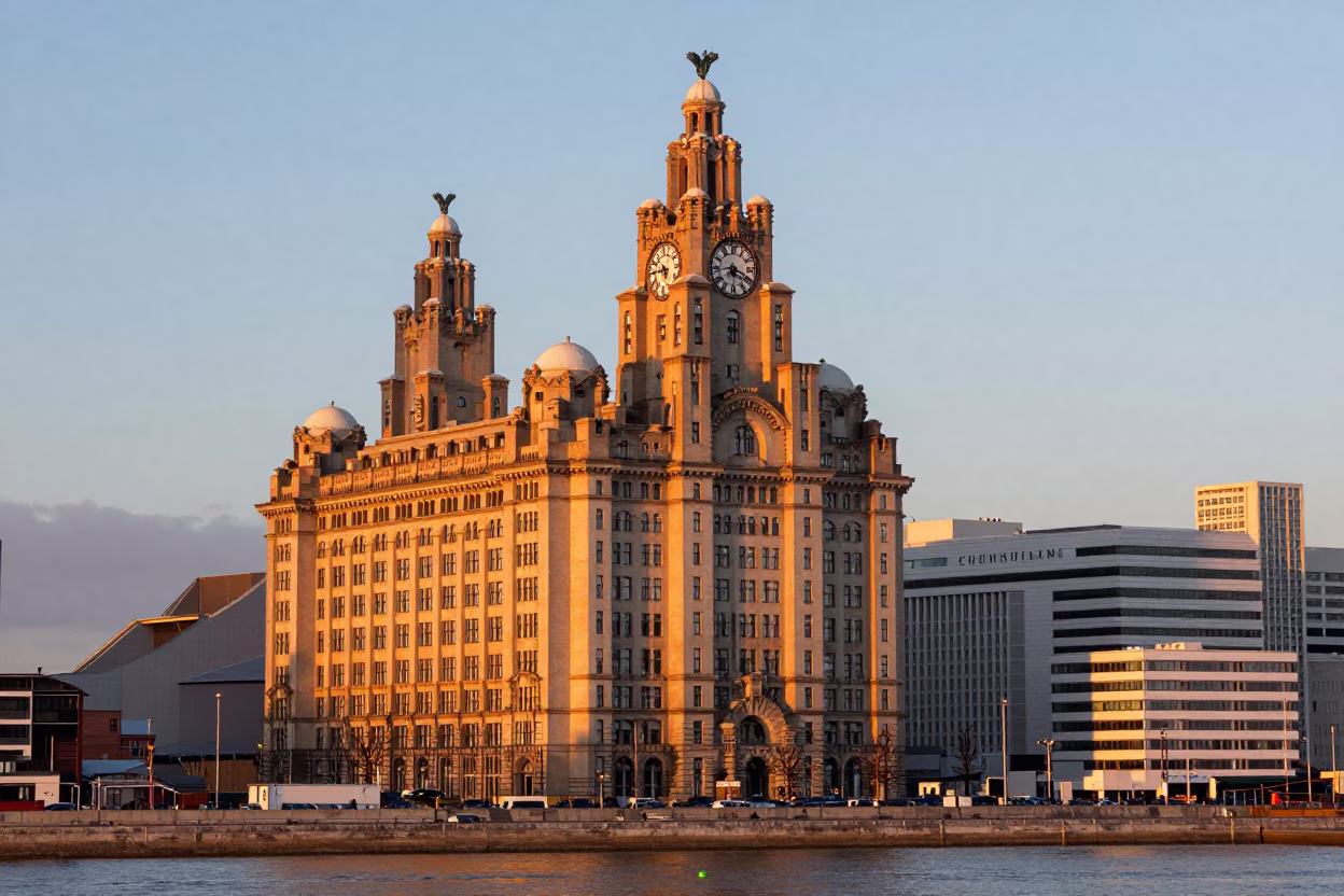 First Light Dawn in Liverpool UK Revealing Historic Architecture and Busy Street Scene in in Liverpool, United Kingdom