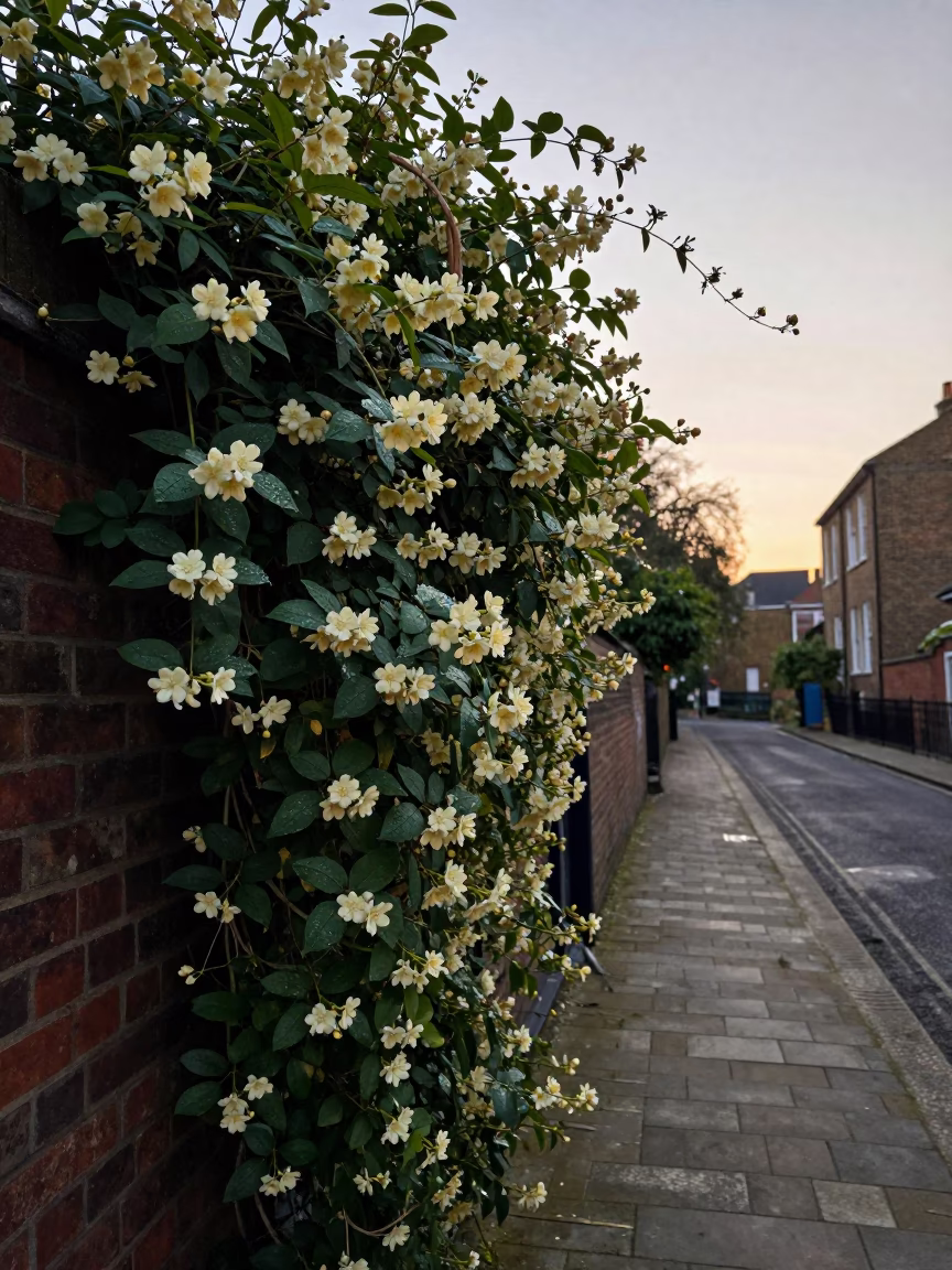 First Light Dawn in London United Kingdom with Climbing Jasmine on a Trellis in in London, United Kingdom