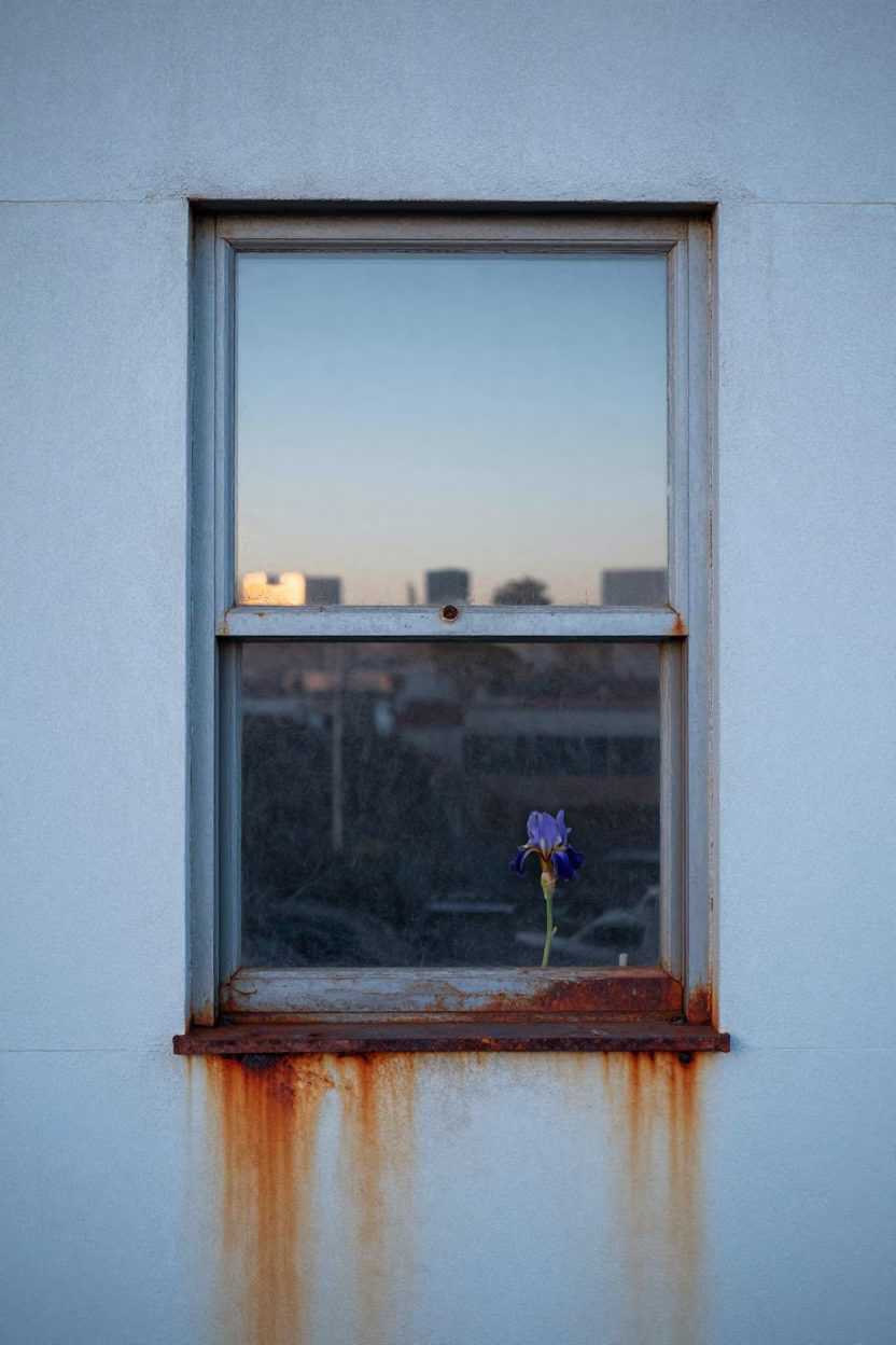 First Light Dawn in Los Angeles California Rusty Window Glass and Iris Garden in in Los Angeles, California, United States