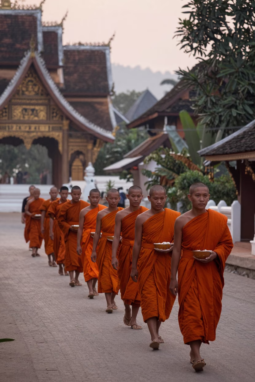 First Light Dawn in Luang Prabang Laos Monks Alms Giving Saffron Robes Morning Ritual in in Luang Prabang, Laos