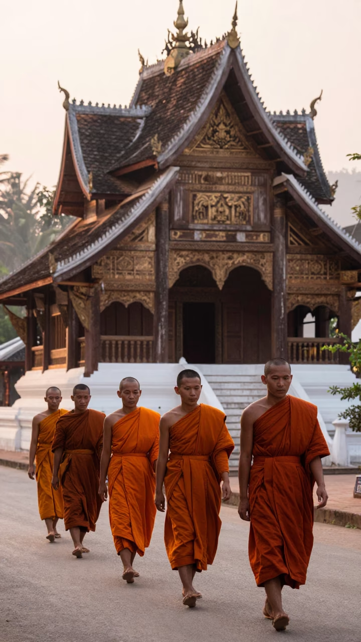 First Light Dawn in Luang Prabang Laos Monks Walking Past Traditional Wooden Architecture in in Luang Prabang, Laos