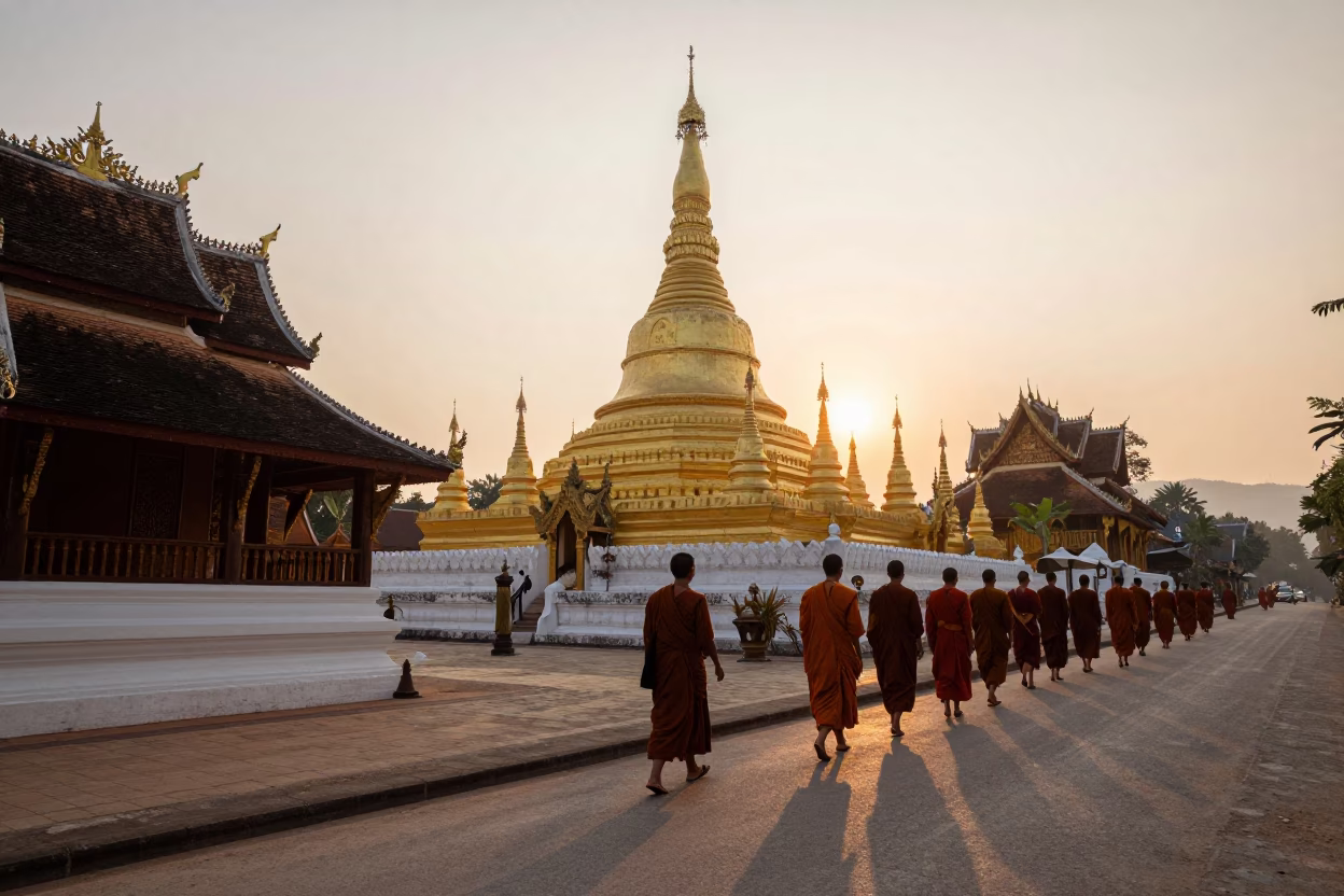 First Light Dawn in Luang Prabang Laos with Monks and Traditional Architecture in in Luang Prabang, Laos