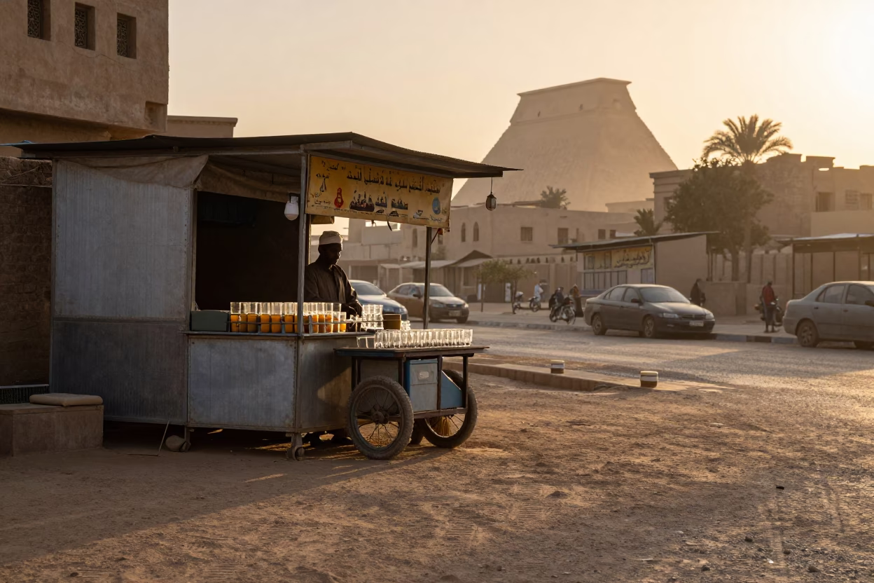 First Light Dawn in Luxor Egypt Street Scene with Glass Tumblers in in Luxor, Egypt