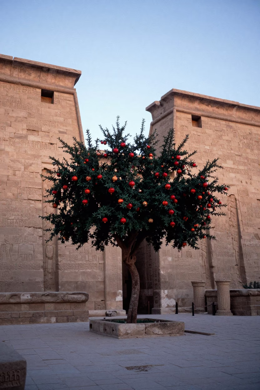 First Light Dawn in Luxor Egypt with Pomegranate Tree and Stone Architecture in in Luxor, Egypt