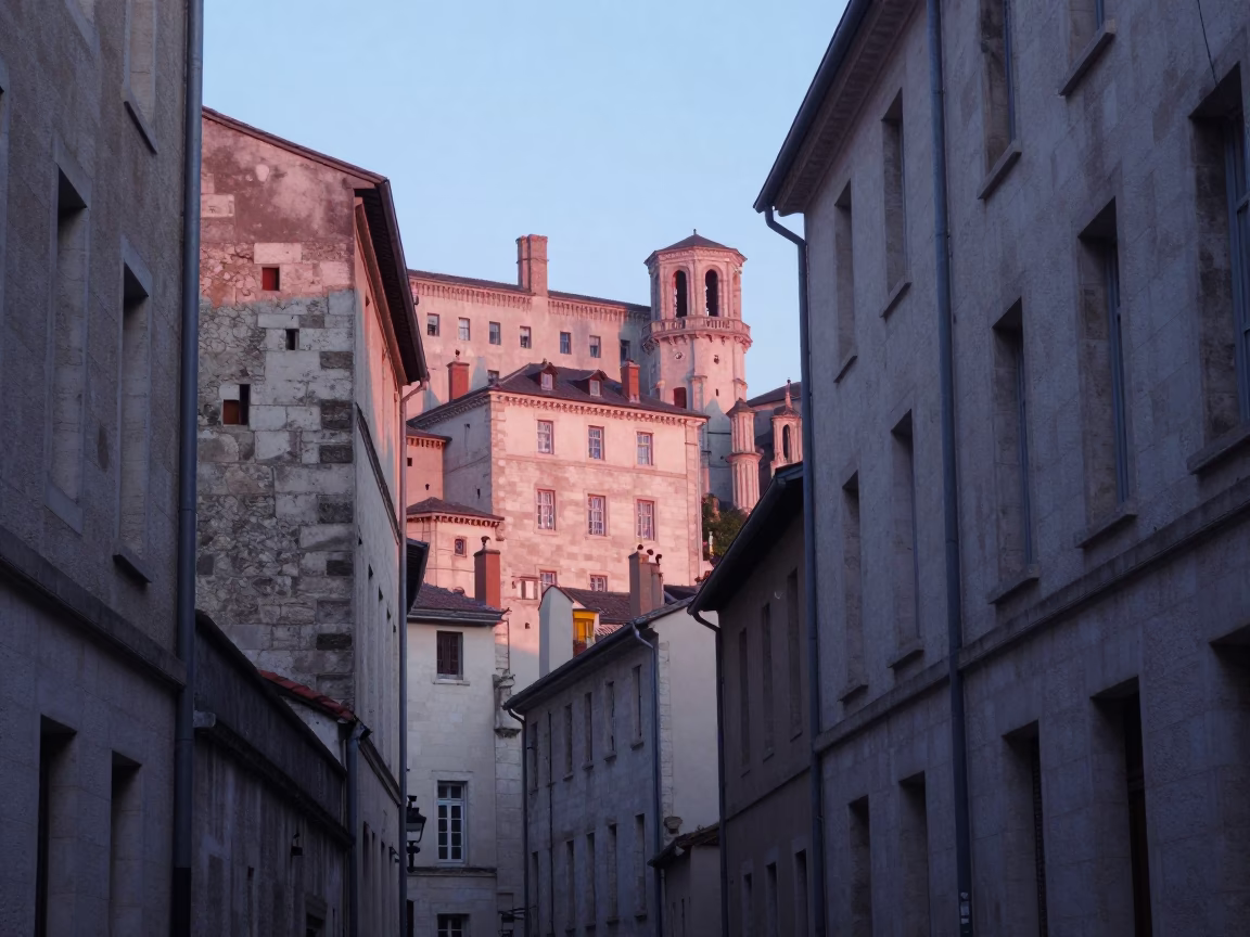 First light dawn in Lyon France revealing historic stone architecture and quiet street details in in Lyon, France