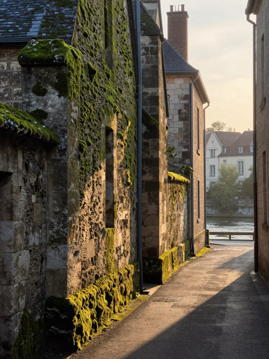 First Light Dawn in Lyon France with Mossy Stone Walls and Woven Baskets in in Lyon, France