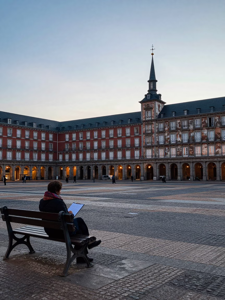 First Light Dawn in Madrid Plaza with Clipboard and Scarf Detail in in Madrid, Spain
