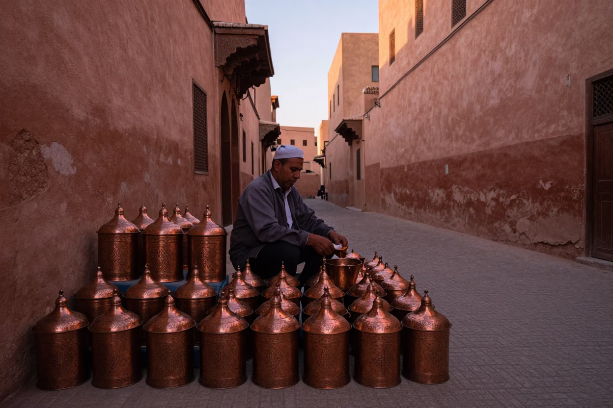 First Light Dawn in Marrakech Medina with Storage Tins and Vine Shadows in in Marrakech, Morocco