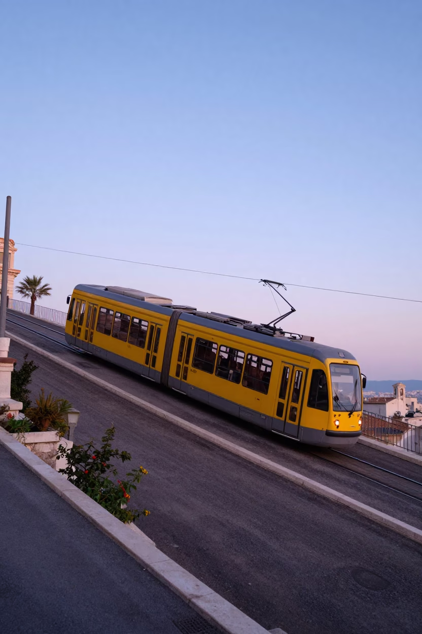 First Light Dawn in Marseille France Tram on Steep Hill with Canal Barge in in Marseille, France