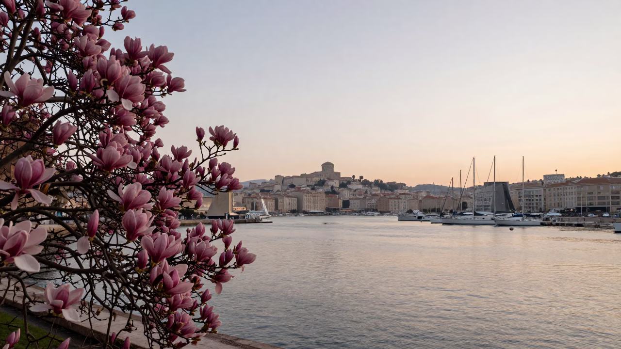 First Light Dawn in Marseille France with Magnolia Bloom and Harbor Reflections in in Marseille, France