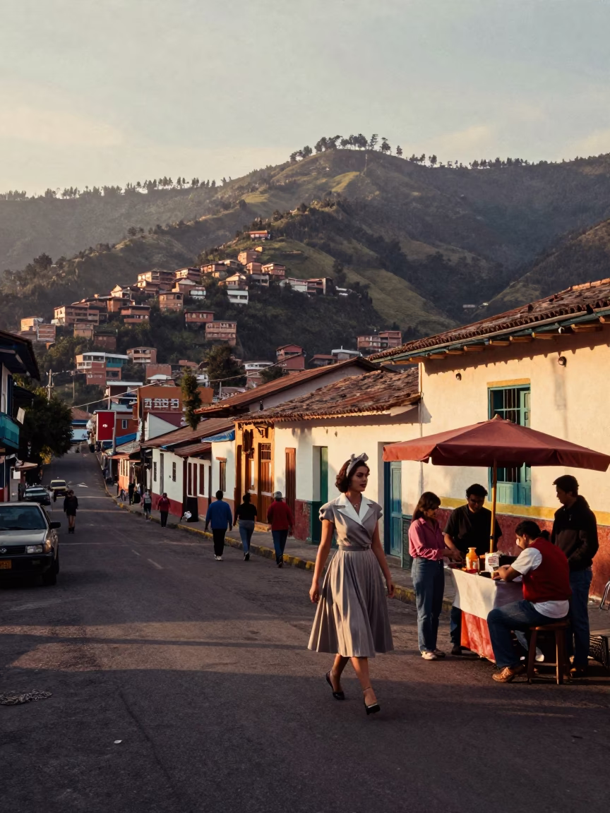 First Light Dawn in Medellin Colombia High Fashion 1950s Street Scene in in Medellin, Colombia