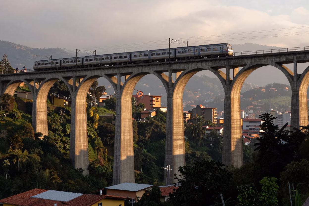 First Light Dawn in Medellin Colombia Railway Viaduct Arches and Passing Train in in Medellin, Colombia