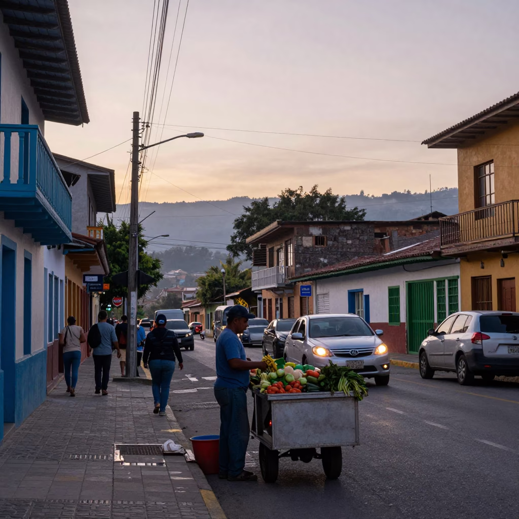 First Light Dawn in Medellin Colombia Street Scene with Hanging Air Plants in in Medellin, Colombia