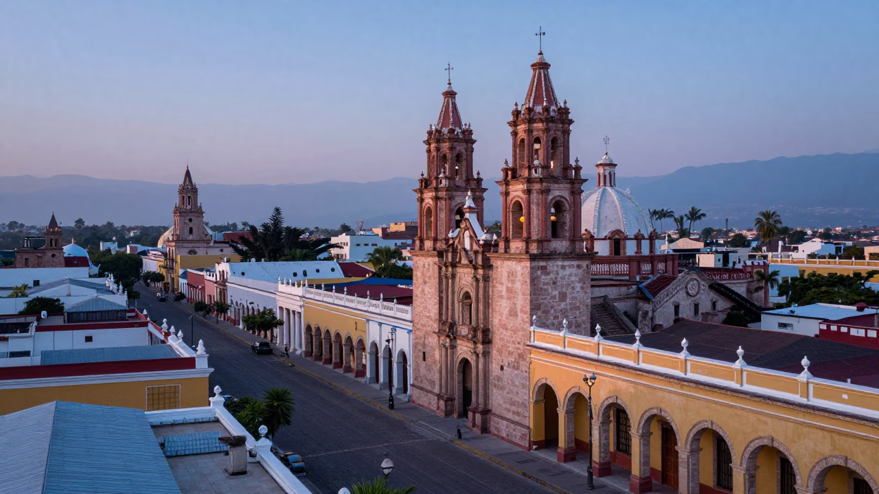First Light Dawn in Merida Mexico Cityscape with Colonial Architecture in in Merida, Mexico