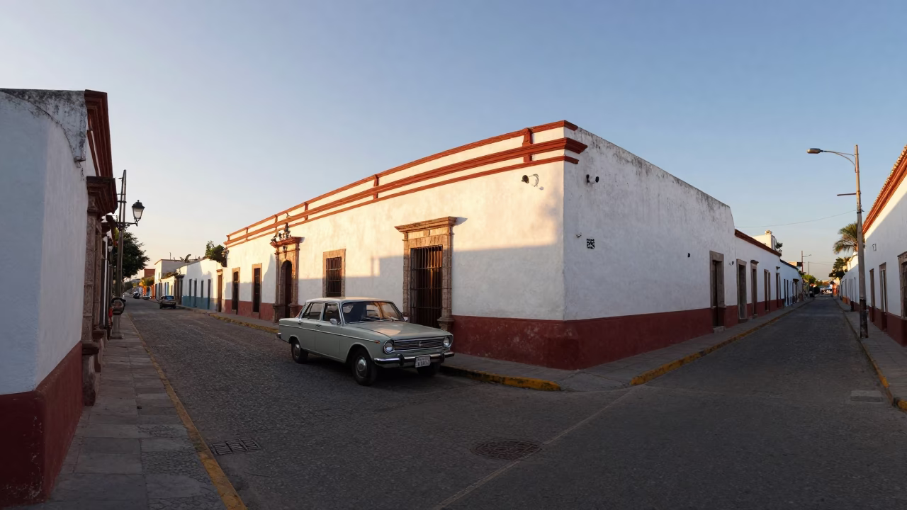 First Light Dawn in Merida Mexico Street Scene with Vintage 1970s Details in in Merida, Mexico
