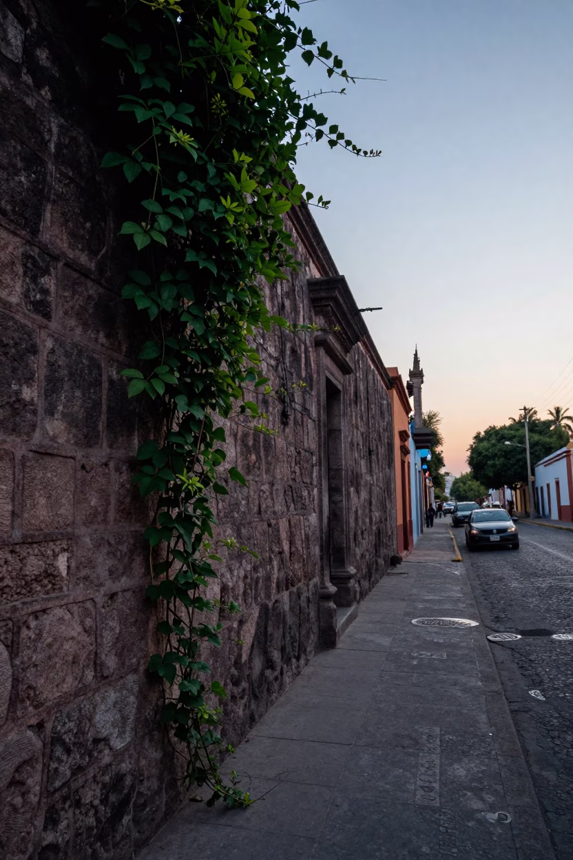 First Light Dawn in Mexico City Street Scene with Stone Wall and Vine in in Mexico City, Mexico