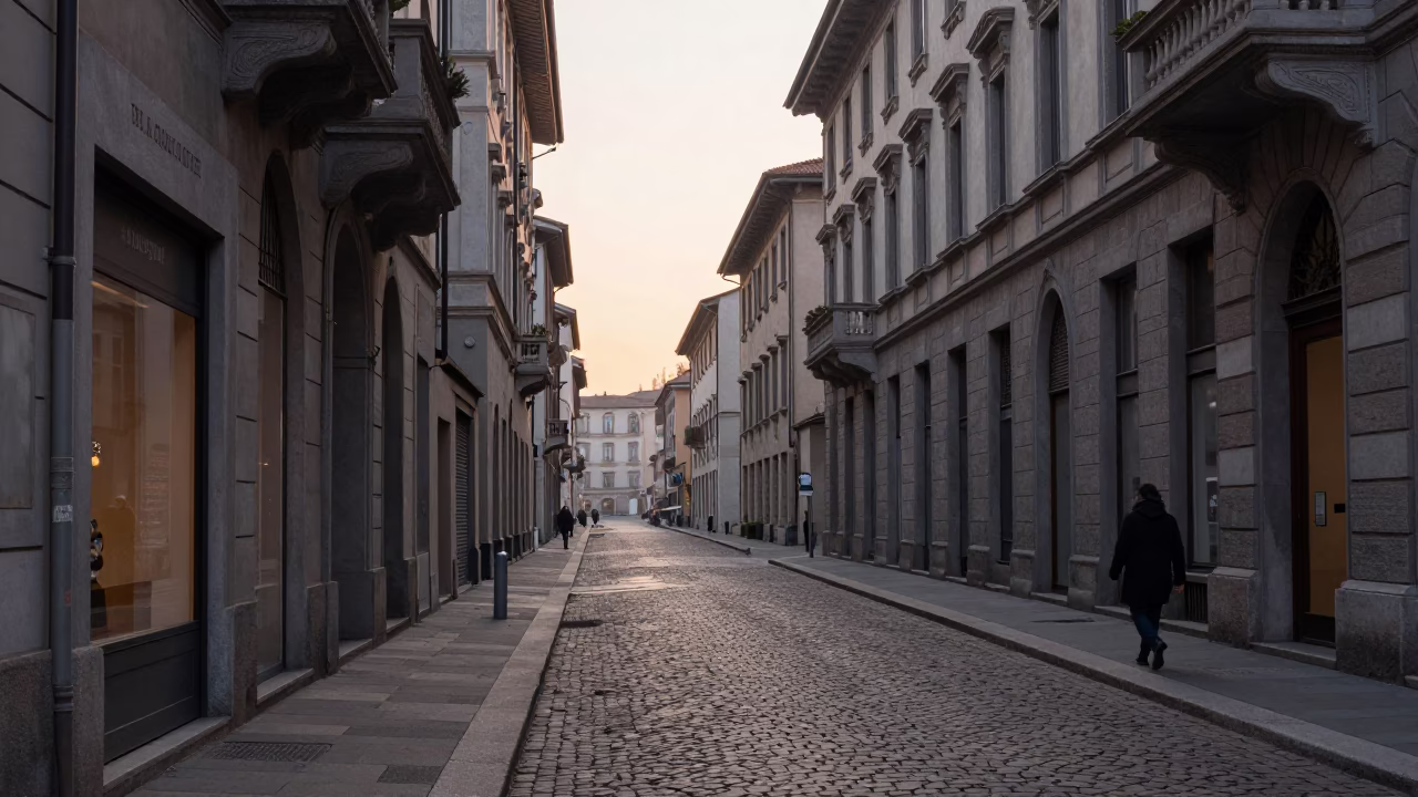 First Light Dawn in Milan Italy Showing Cobblestone Street and Morning Light in in Milan, Italy