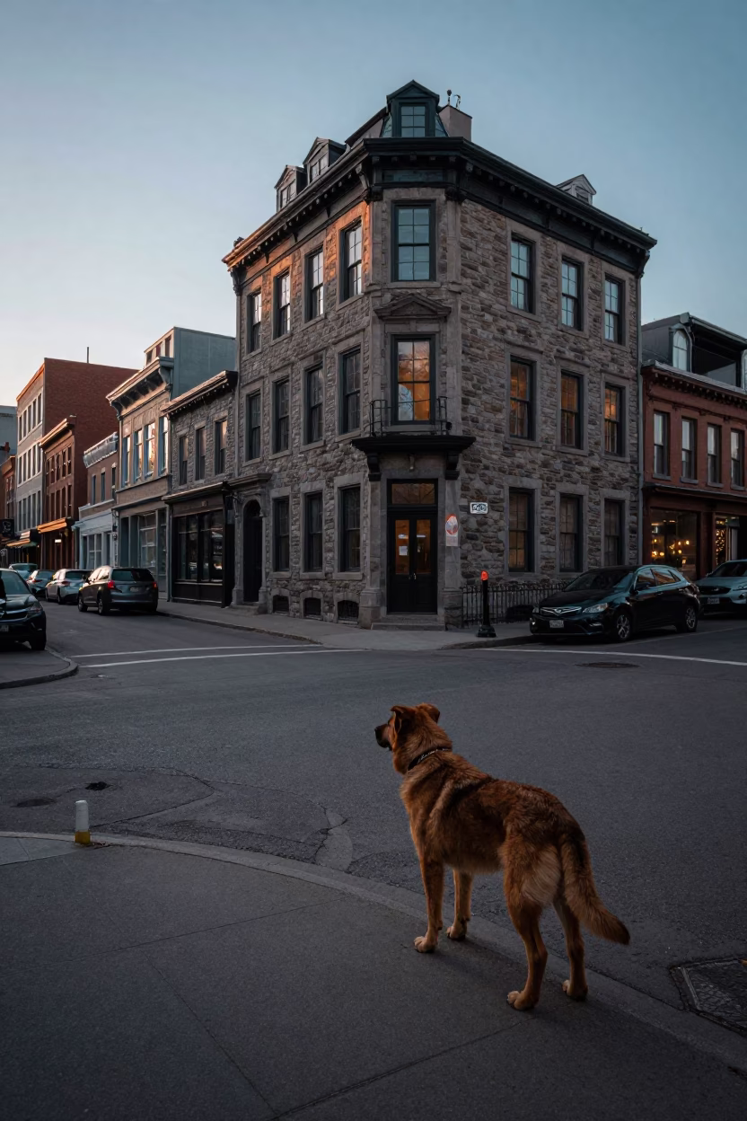First Light Dawn in Montreal Quebec City Street Scene with Brown Dog in in Montreal, Quebec, Canada