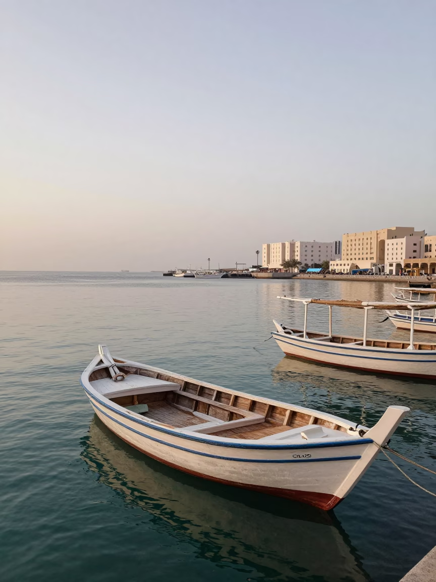 First Light Dawn in Muscat Oman Traditional Dhow Harbor and Coastal Architecture in in Muscat, Oman