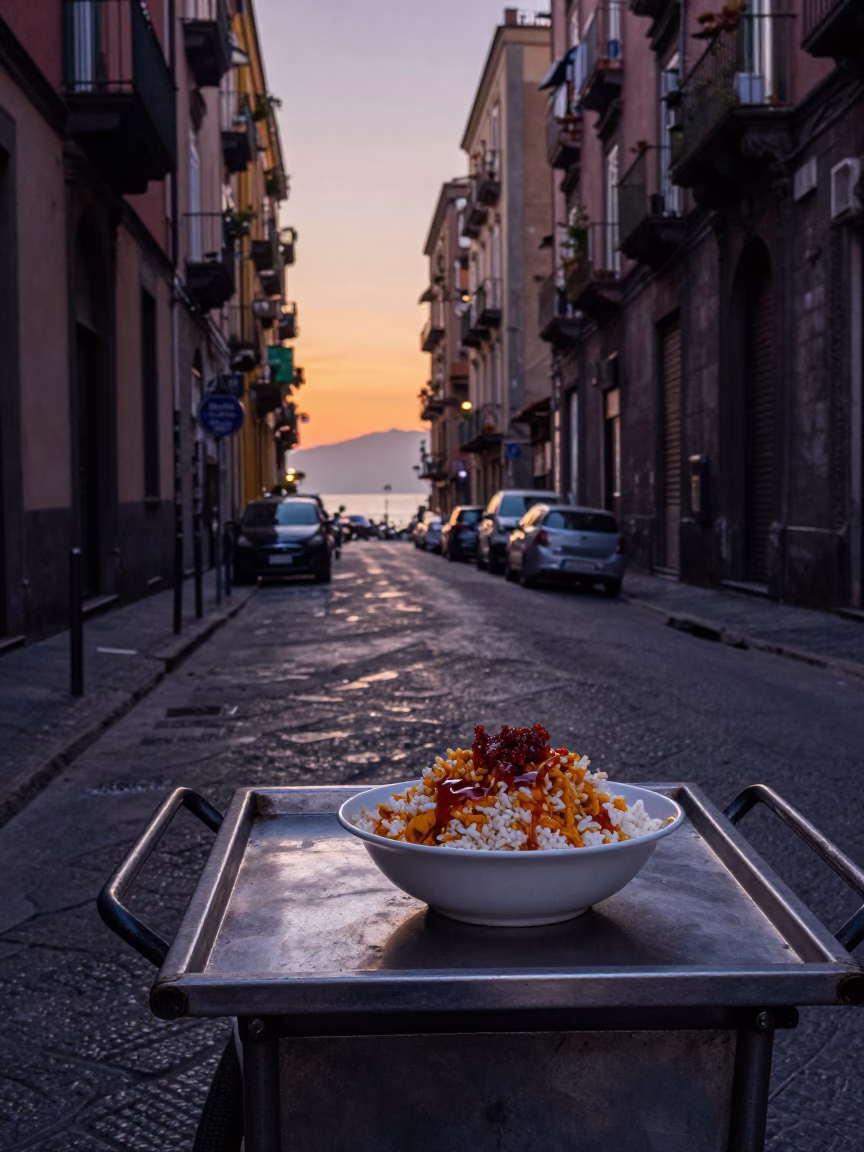 First Light Dawn in Naples Italy Street Scene with Colorful Morning Activity in in Naples, Italy
