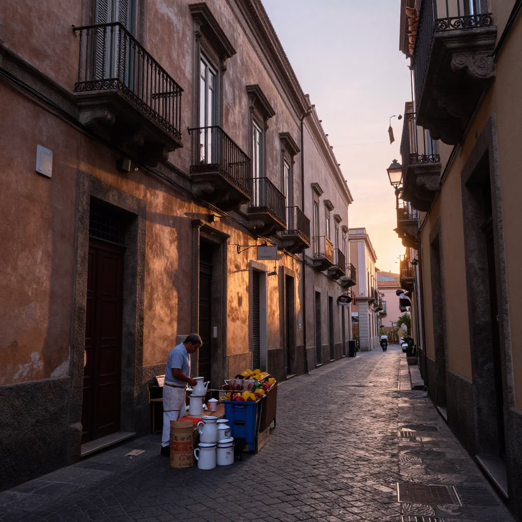 First light dawn in Naples Italy street scene with enamel pitcher and paring knife in in Naples, Italy