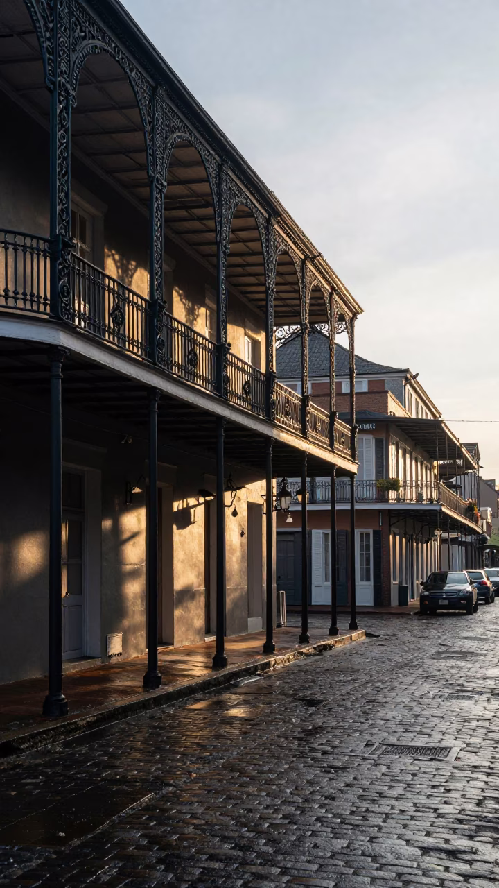 First Light Dawn in New Orleans Louisiana Urban Street Scene with Architectural Details in in New Orleans, Louisiana, United States
