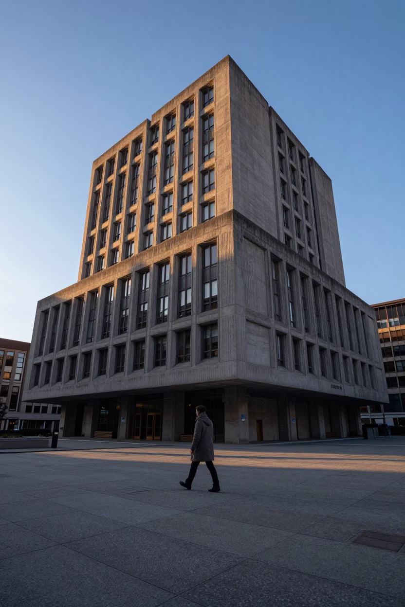 First Light Dawn in New York City Concrete Brutalist University Building Street Scene in in New York, New York, United States