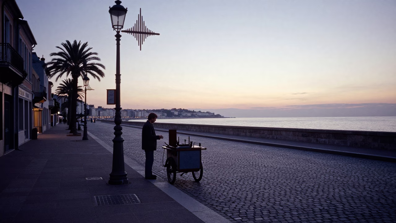 First Light Dawn in Nice France Street Scene with Seismograph and Glass Terrarium in in Nice, France