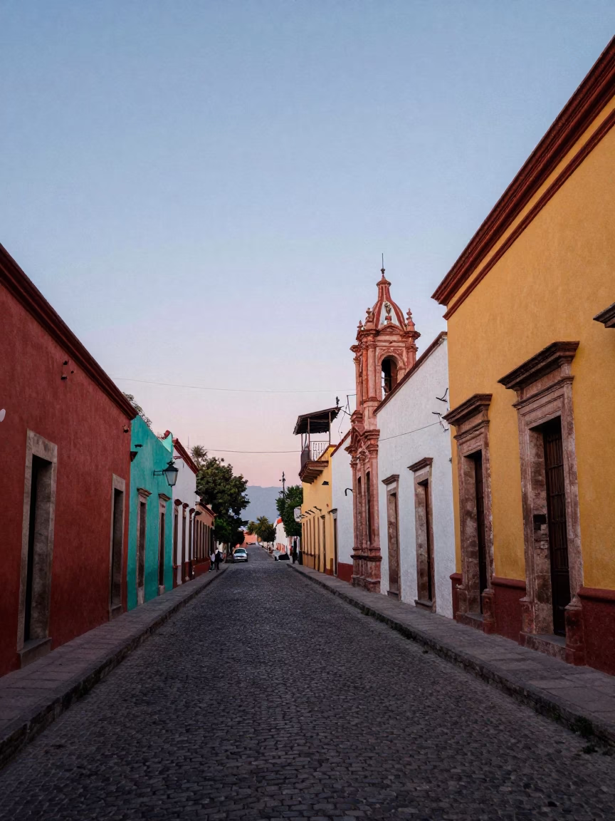 First Light Dawn in Oaxaca Mexico Street Scene with Colorful Facades in in Oaxaca, Mexico