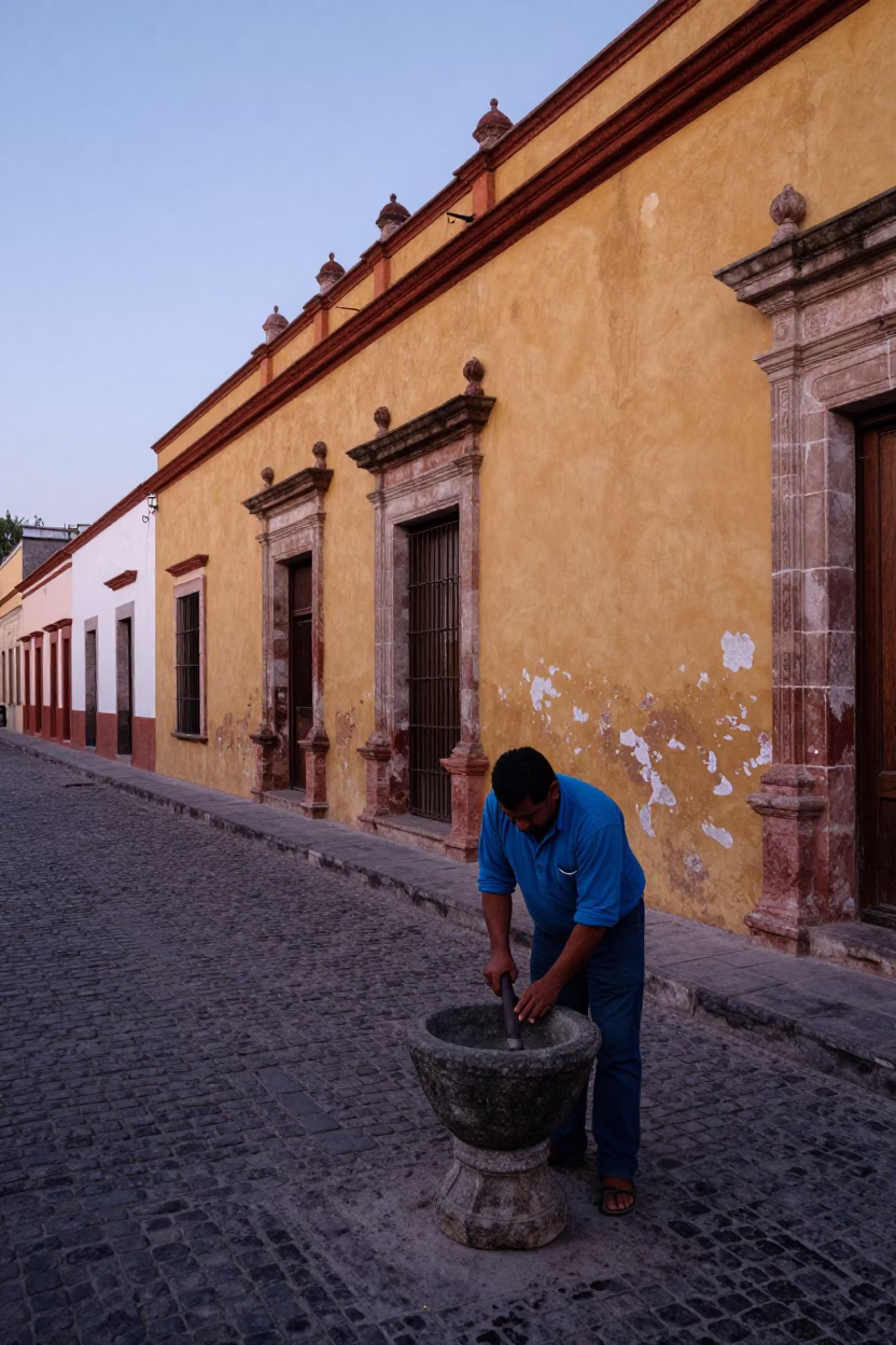 First Light Dawn in Oaxaca Mexico Street Scene with Mortar and Pestle in in Oaxaca, Mexico