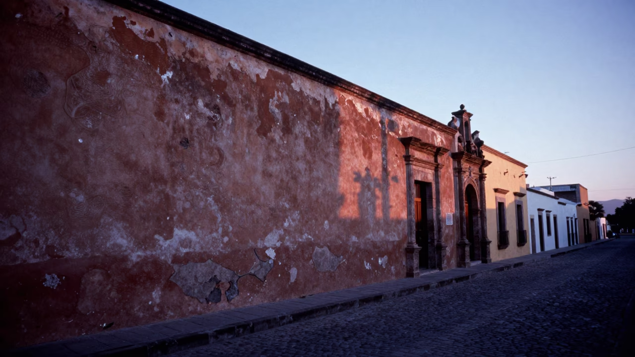 First Light Dawn in Oaxaca Mexico Street Scene with Plaster Walls and Local Life in in Oaxaca, Mexico