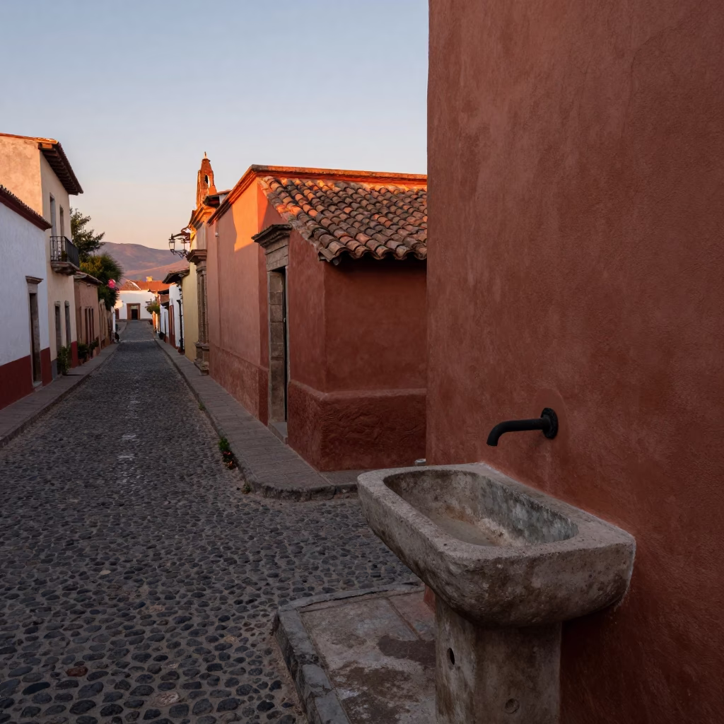 First Light Dawn in Oaxaca Mexico with Rustic Wash Basin and Old Padlock in in Oaxaca, Mexico