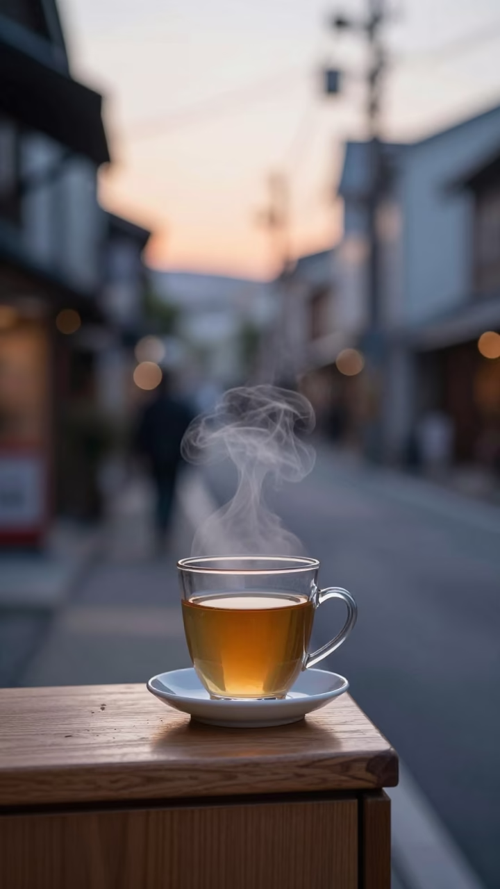 First Light Dawn in Osaka Japan Street Scene with Steaming Genmaicha Tea Cup in in Osaka, Japan